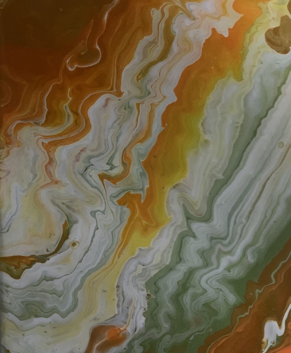 Poured canvas in orange, yellow and sage green ribbons