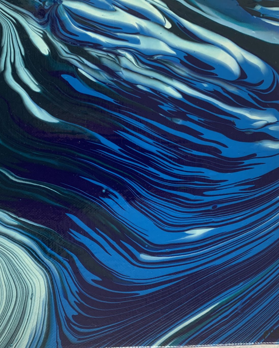 Poured acrylic canvas in cobalt, ink and pale blue